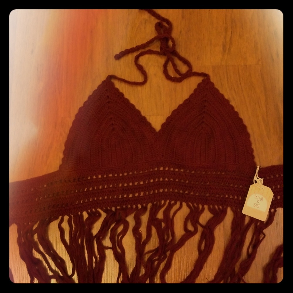 Burgundy crochet crop festival halter bralette top
